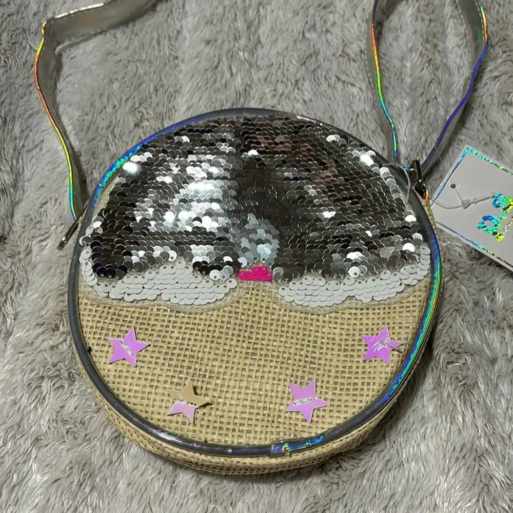 Aeropostale round purse rainbow clouds sequined adjustable strap cross body nwt